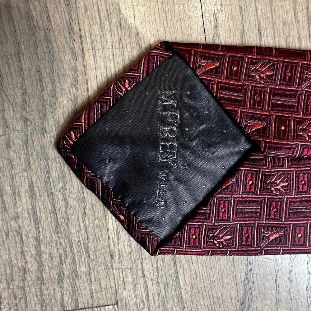 M Frey‎ Wien Burgundy Red Silk Necktie Bird Leaf Pattern Men's Formal Tie